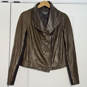 Vince Leather Scuba Moto Jacket Womens Small Brown Asymmetrical Zip Ribbed Knit